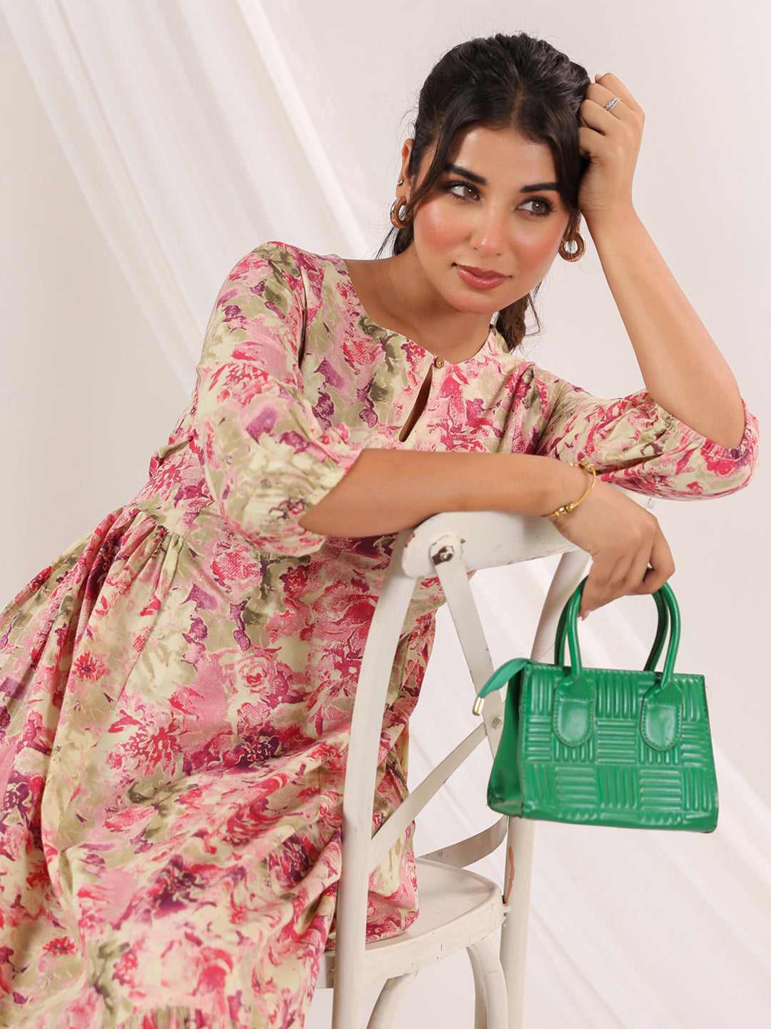 Janasya Bright Cotton Floral A-Line Dress 