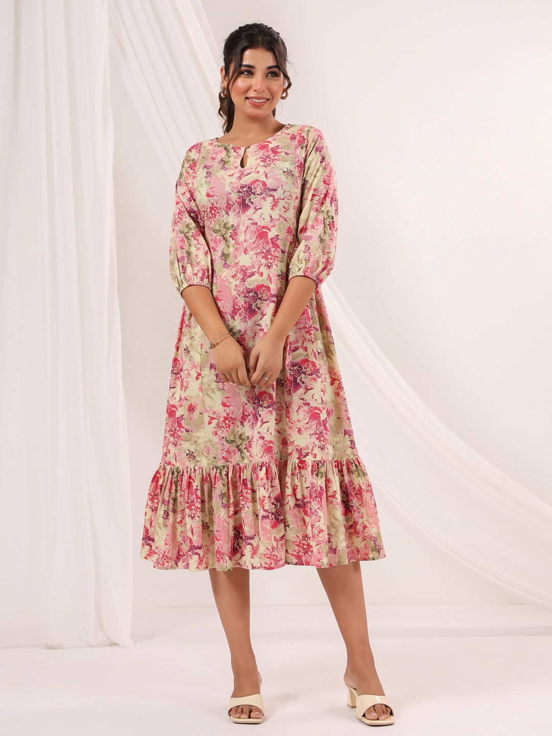 Janasya Bright Cotton Floral A-Line Dress 
