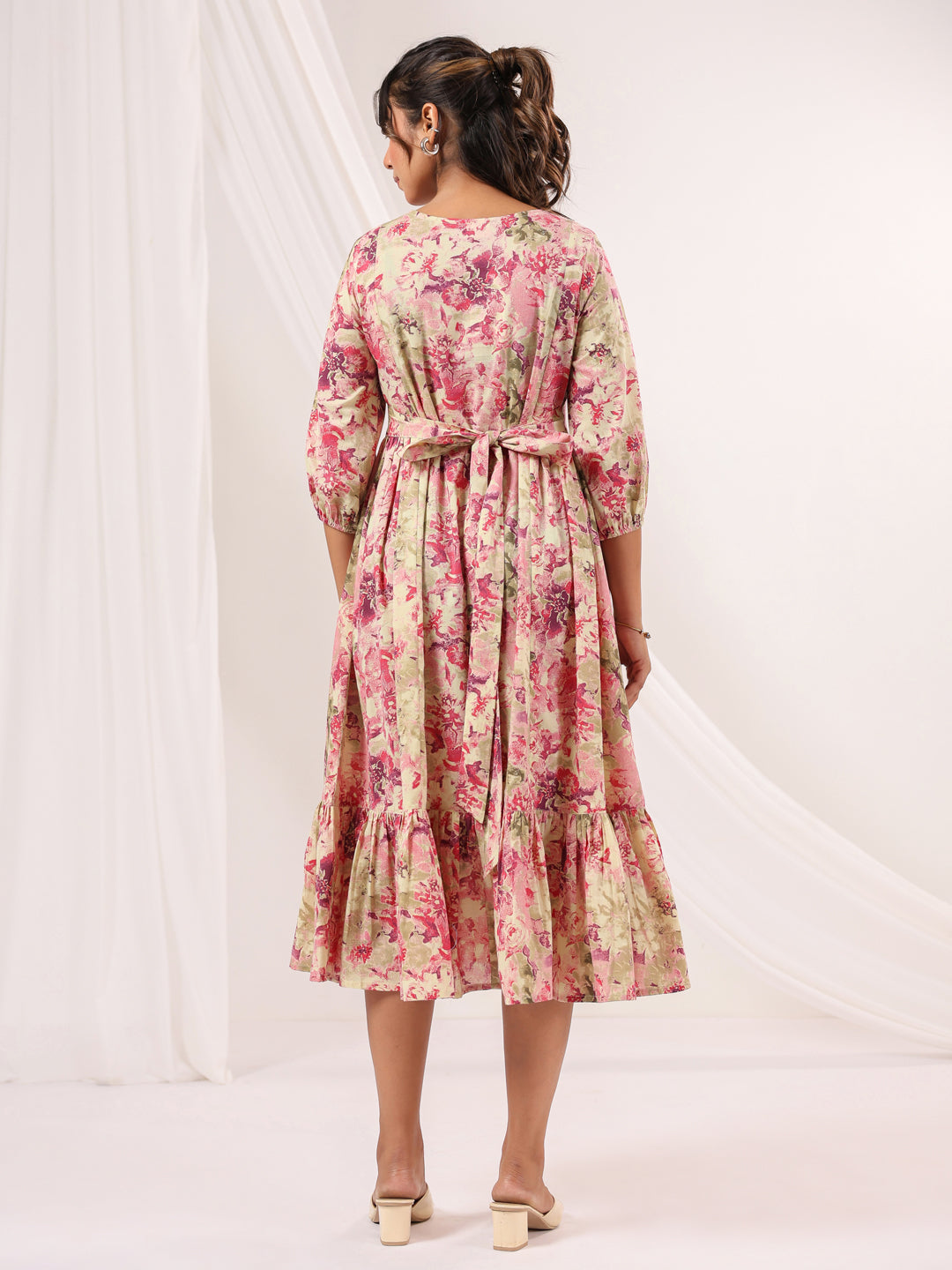 Janasya Bright Cotton Floral A-Line Dress 
