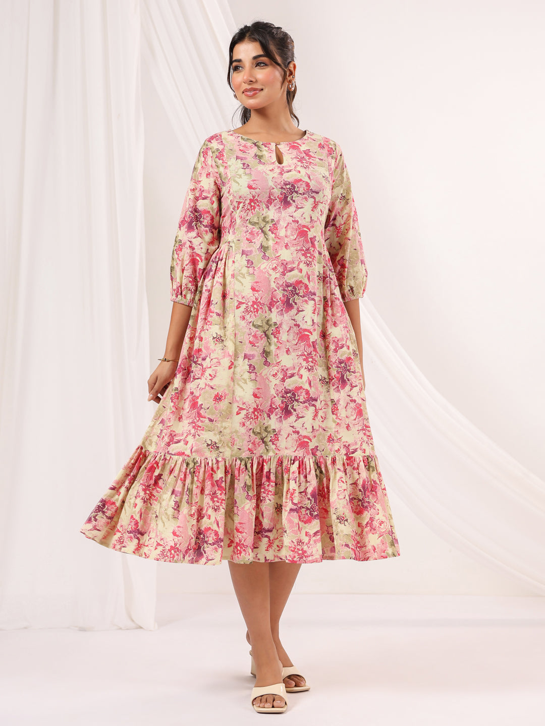 Janasya Bright Cotton Floral A-Line Dress 
