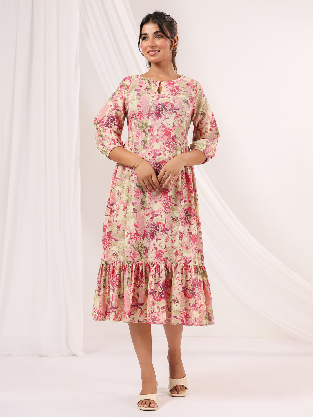 Janasya Bright Cotton Floral A-Line Dress 
