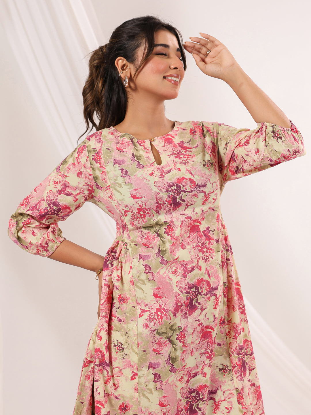 Janasya Bright Cotton Floral A-Line Dress 