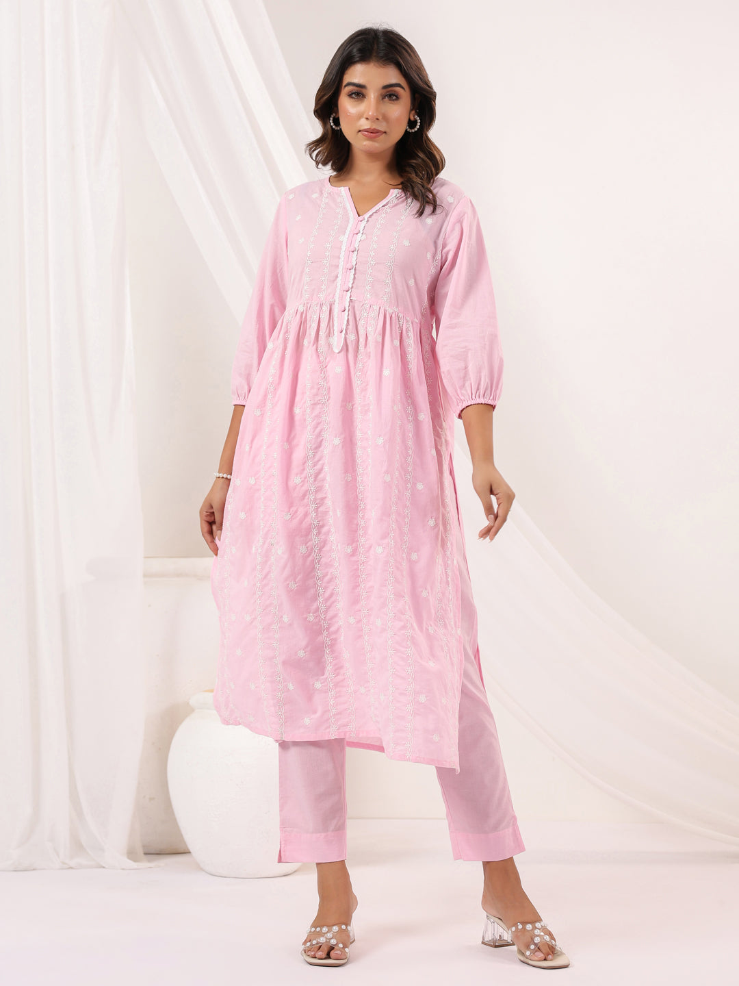 Janasya Light Cotton Embroidered A-Line Kurta Set 