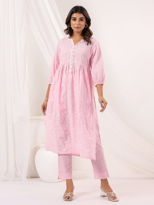 Janasya Light Cotton Embroidered A-Line Kurta Set 