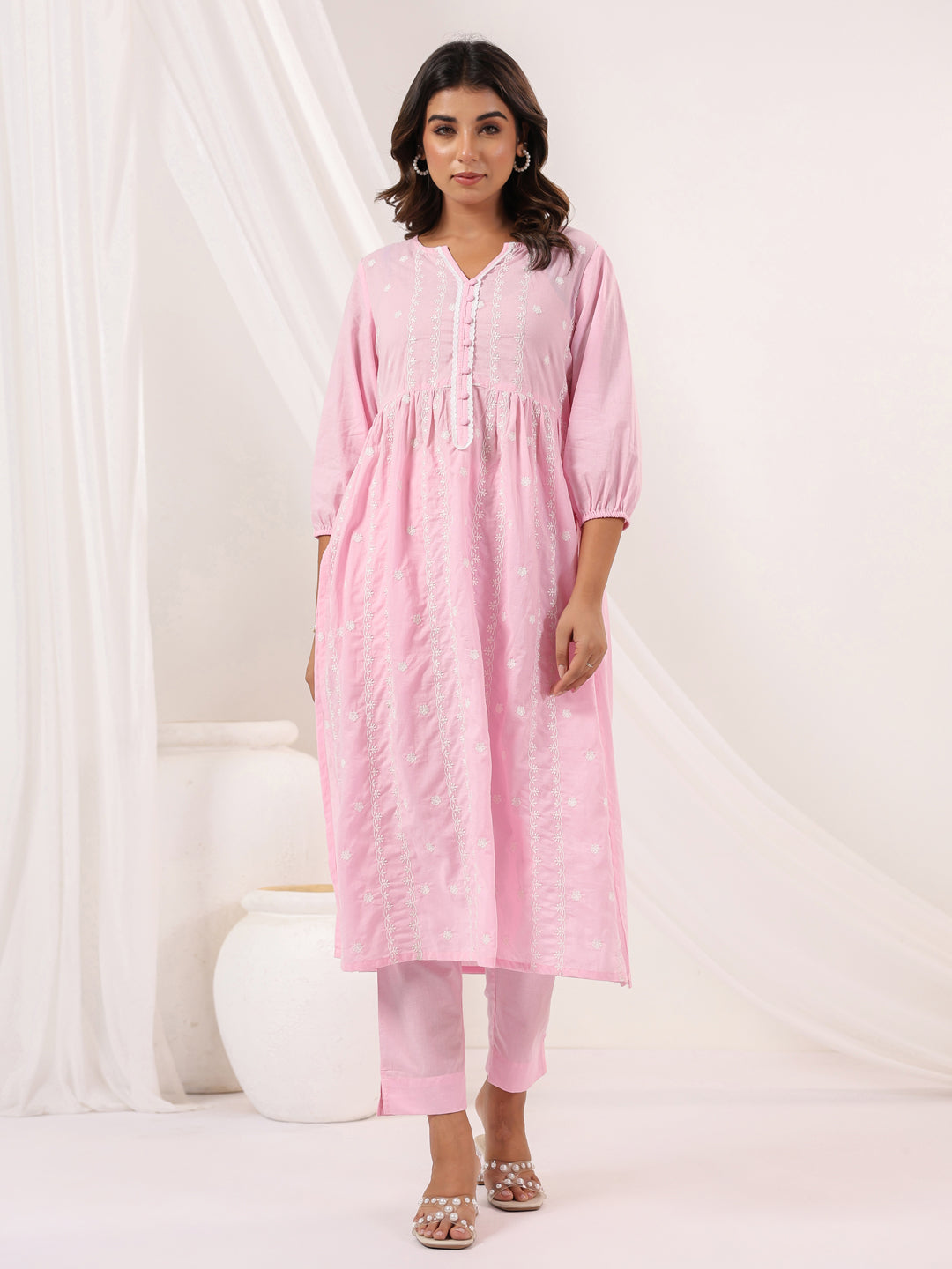 Janasya Light Cotton Embroidered A-Line Kurta Set 