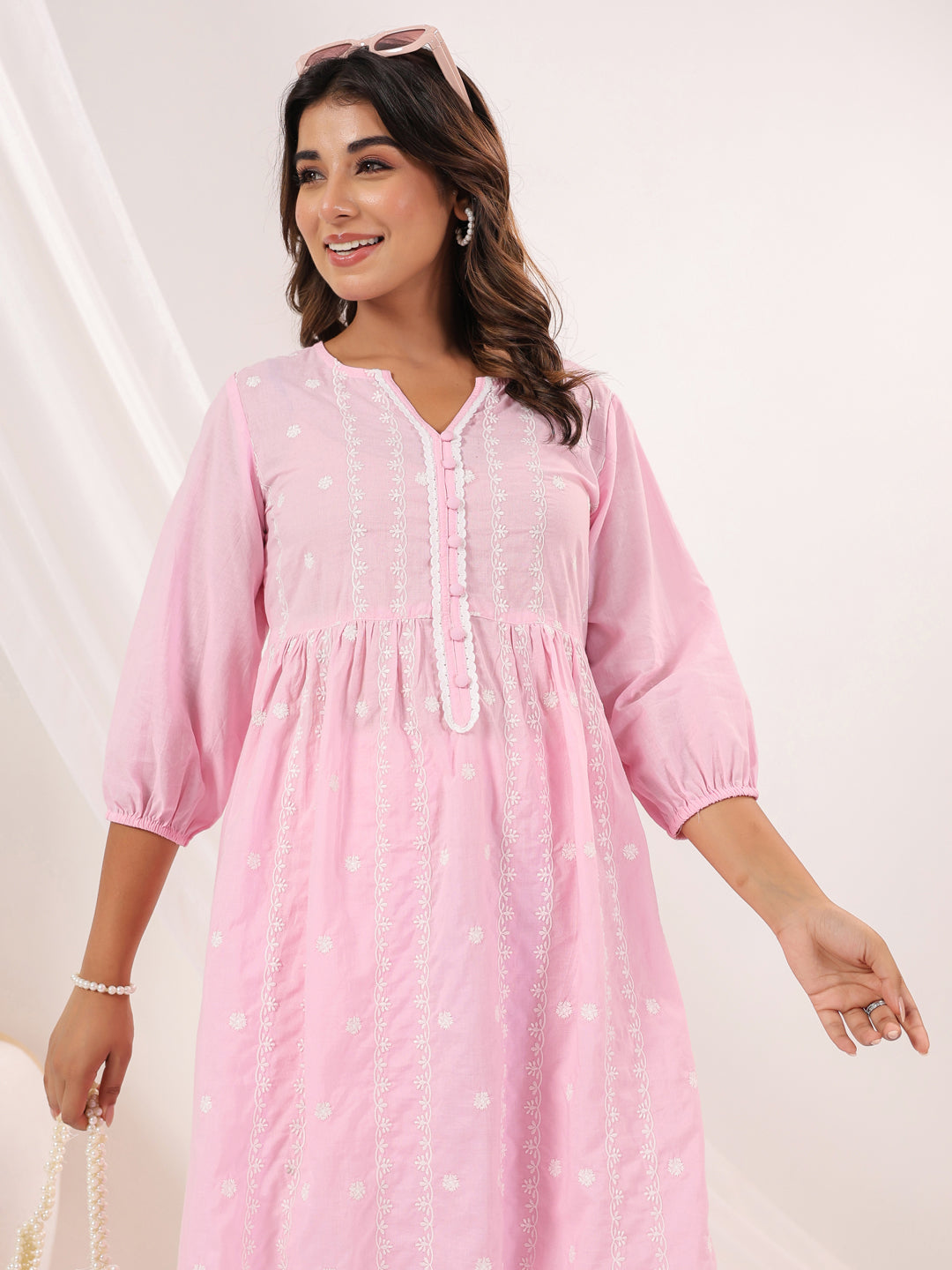 Janasya Light Cotton Embroidered A-Line Kurta Set 