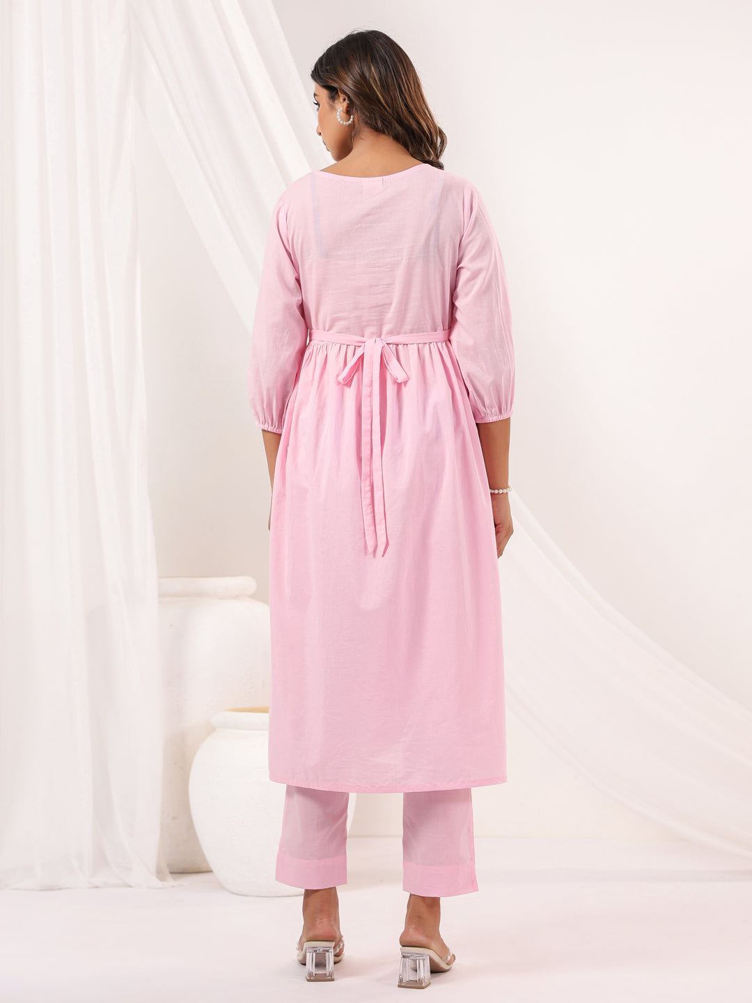 Janasya Light Cotton Embroidered A-Line Kurta Set 