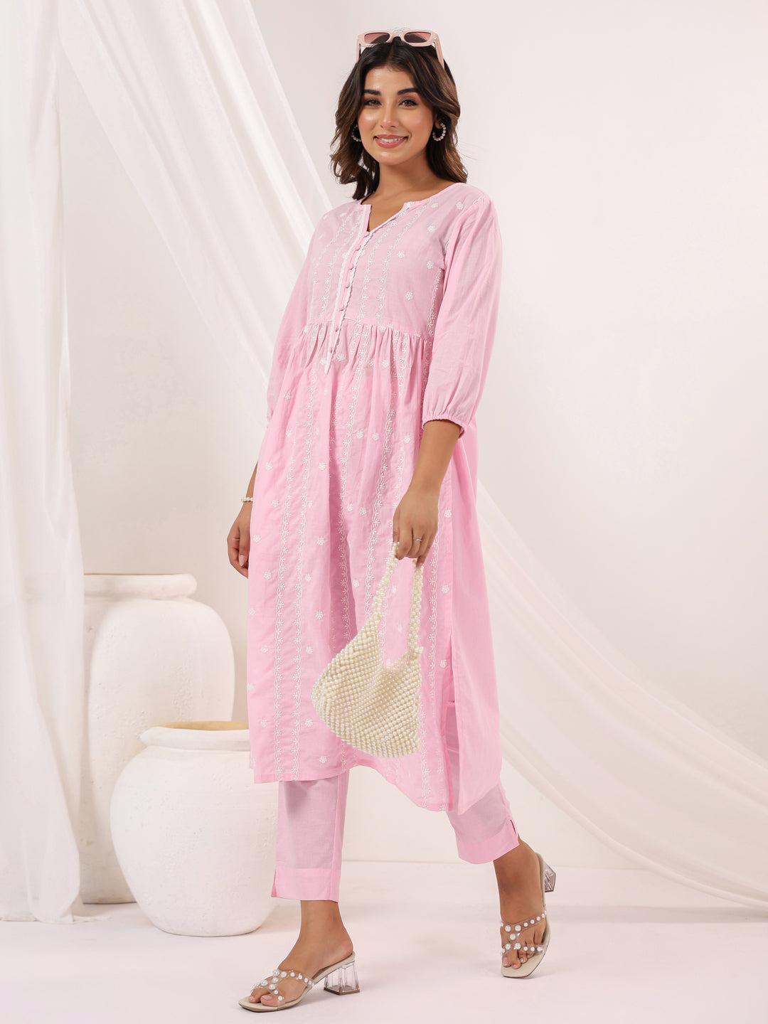 Janasya Light Cotton Embroidered A-Line Kurta Set 
