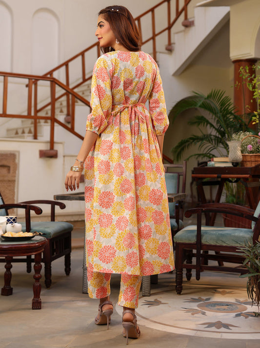Janasya Light Cotton Floral A-Line Kurta Set 