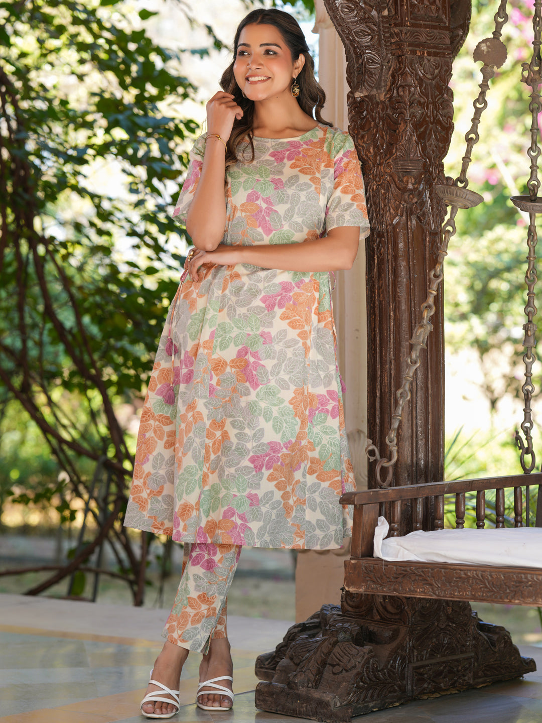 Janasya Light Cotton Floral A-Line Kurta Set 