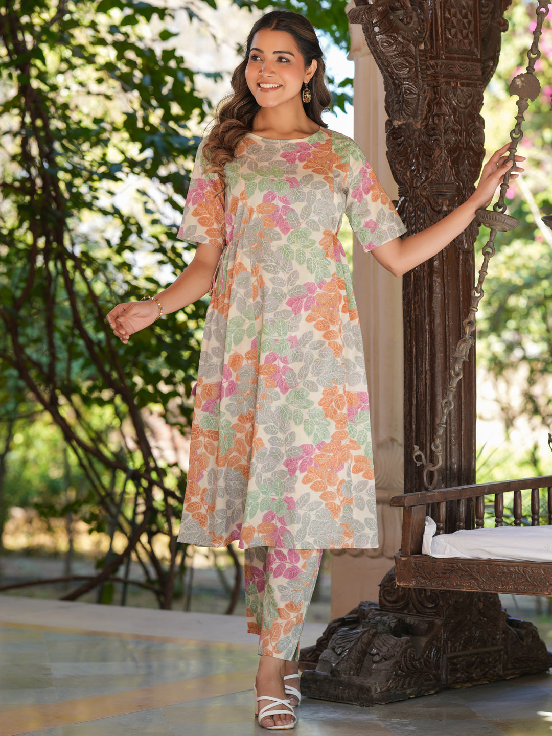Janasya Light Cotton Floral A-Line Kurta Set 