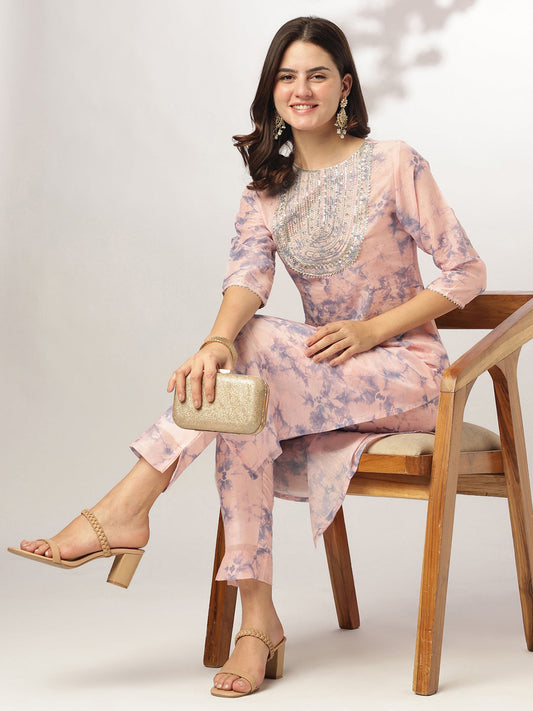 Janasya Light Silk Blend Tie & dye Straight Kurta Set 