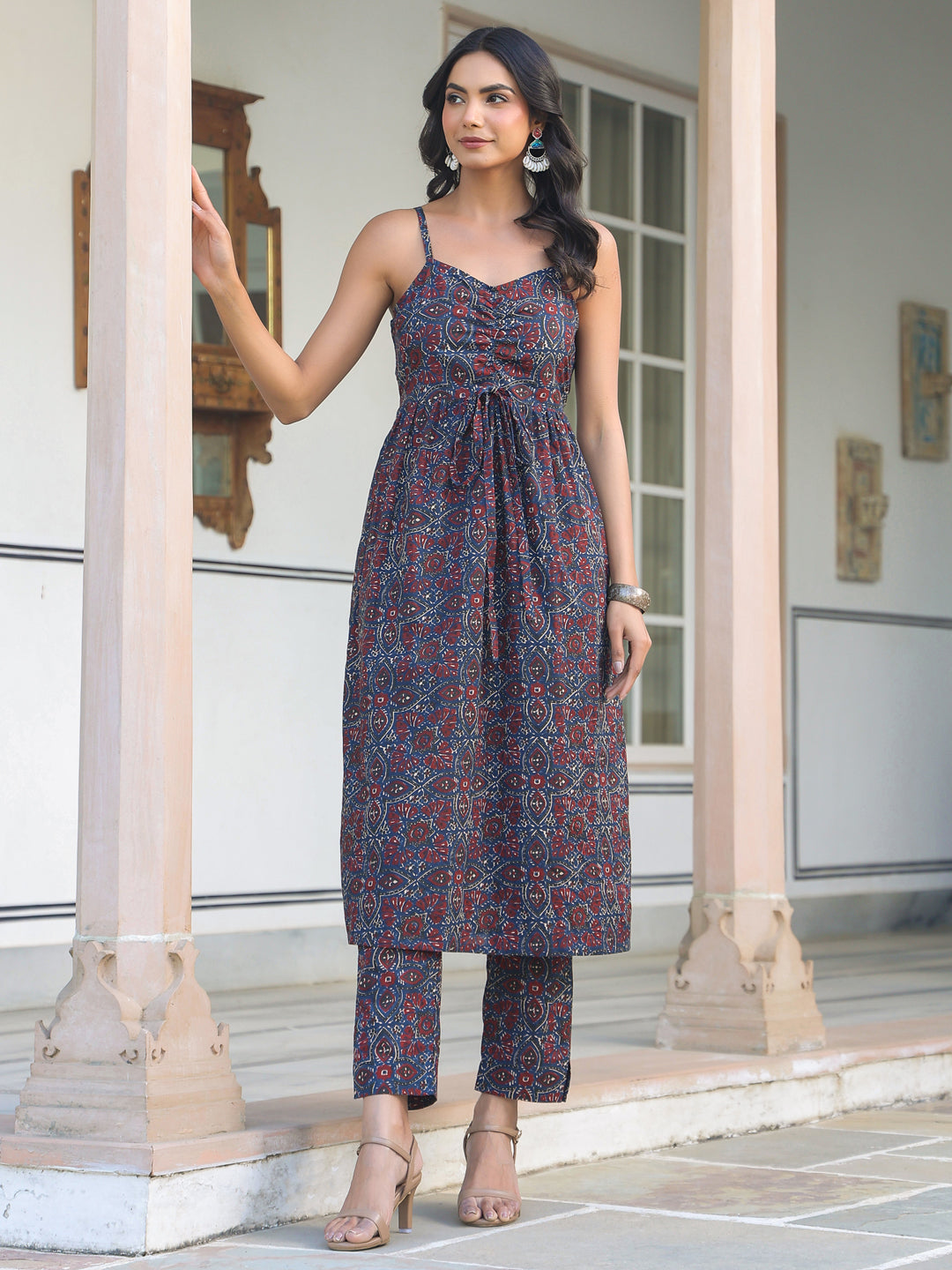 Janasya Dark Cotton Ethnic Motifs A-Line Kurta Set 