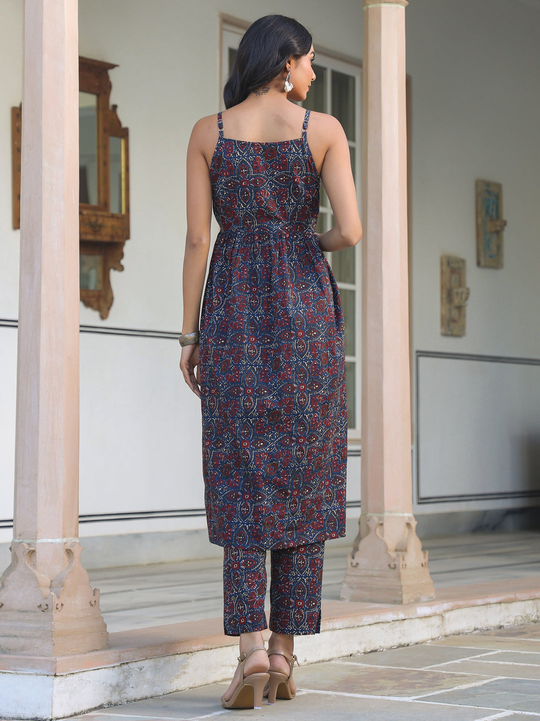 Janasya Dark Cotton Ethnic Motifs A-Line Kurta Set 