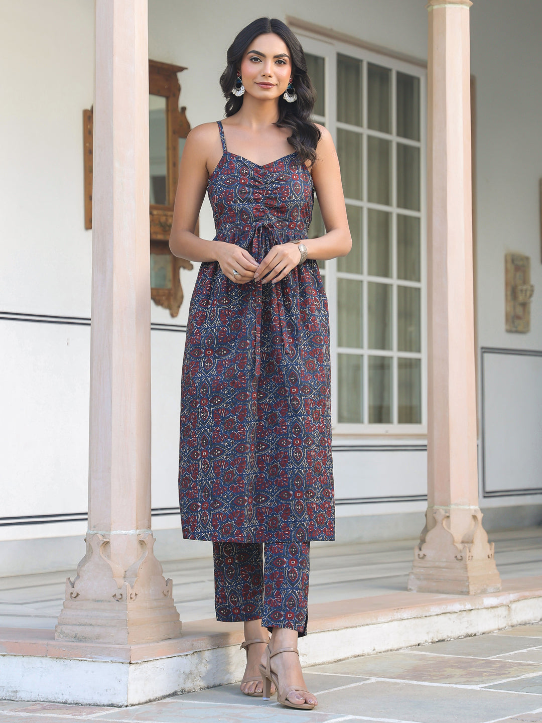 Janasya Dark Cotton Ethnic Motifs A-Line Kurta Set 