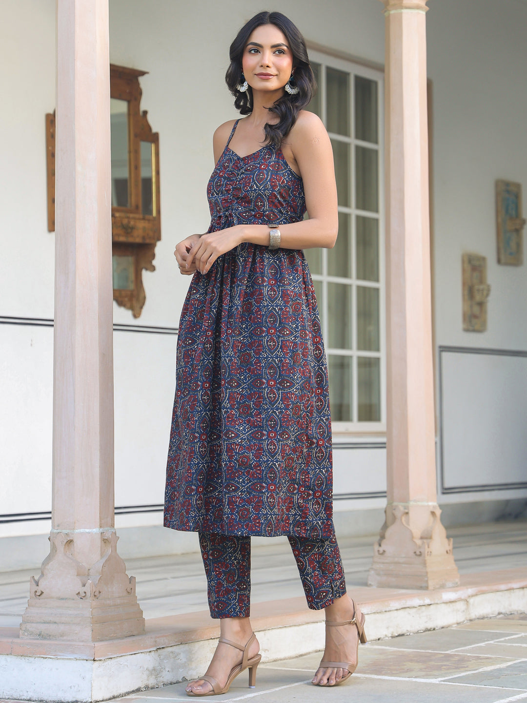 Janasya Dark Cotton Ethnic Motifs A-Line Kurta Set 