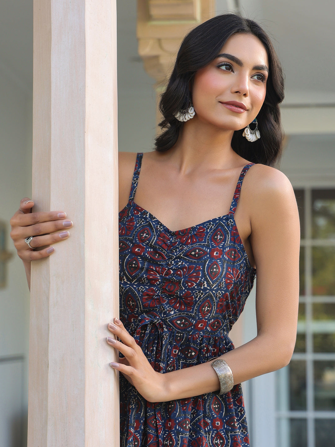 Janasya Dark Cotton Ethnic Motifs A-Line Kurta Set 