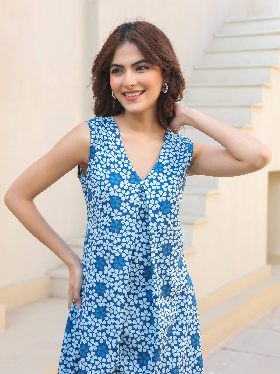Janasya Dark Cotton Floral A-Line Kurta Set 