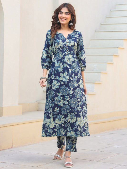 Janasya Dark Cotton Floral Straight Kurta Set 