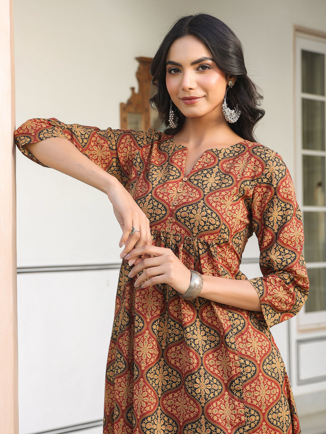 Janasya Dark Cotton Ethnic Motifs A-Line Kurta Set 