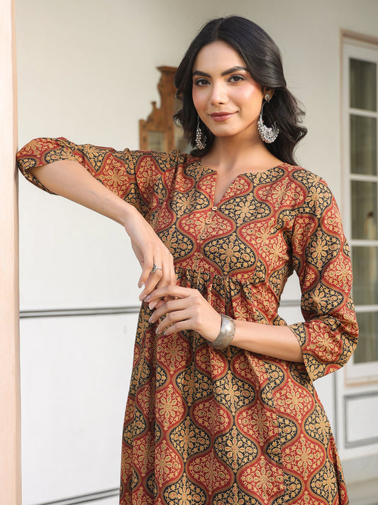 Janasya Dark Cotton Ethnic Motifs A-Line Kurta Set 