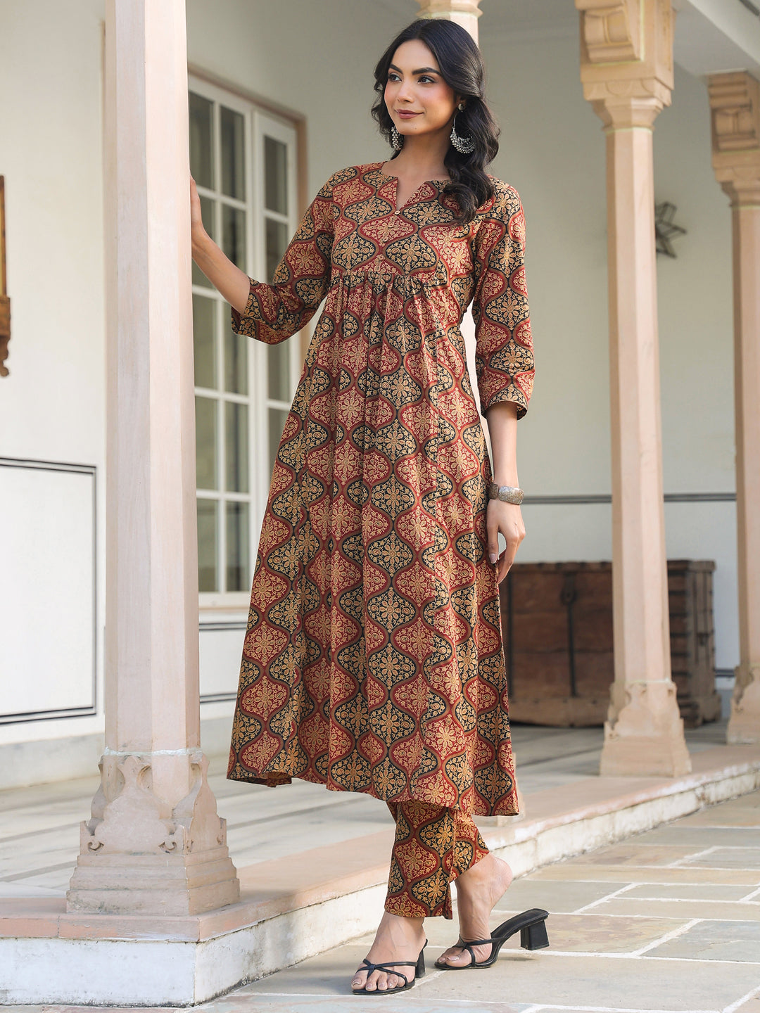 Janasya Dark Cotton Ethnic Motifs A-Line Kurta Set 