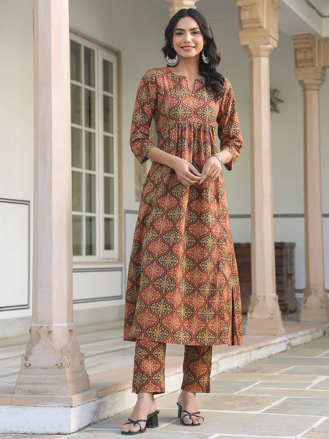 Janasya Dark Cotton Ethnic Motifs A-Line Kurta Set 