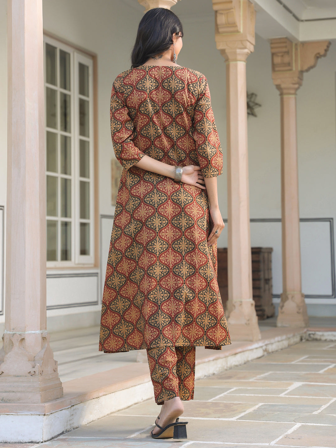 Janasya Dark Cotton Ethnic Motifs A-Line Kurta Set 
