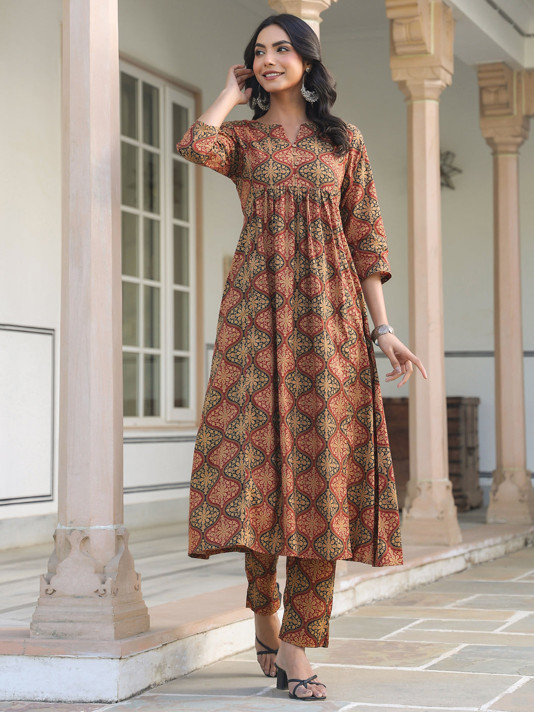 Janasya Dark Cotton Ethnic Motifs A-Line Kurta Set 