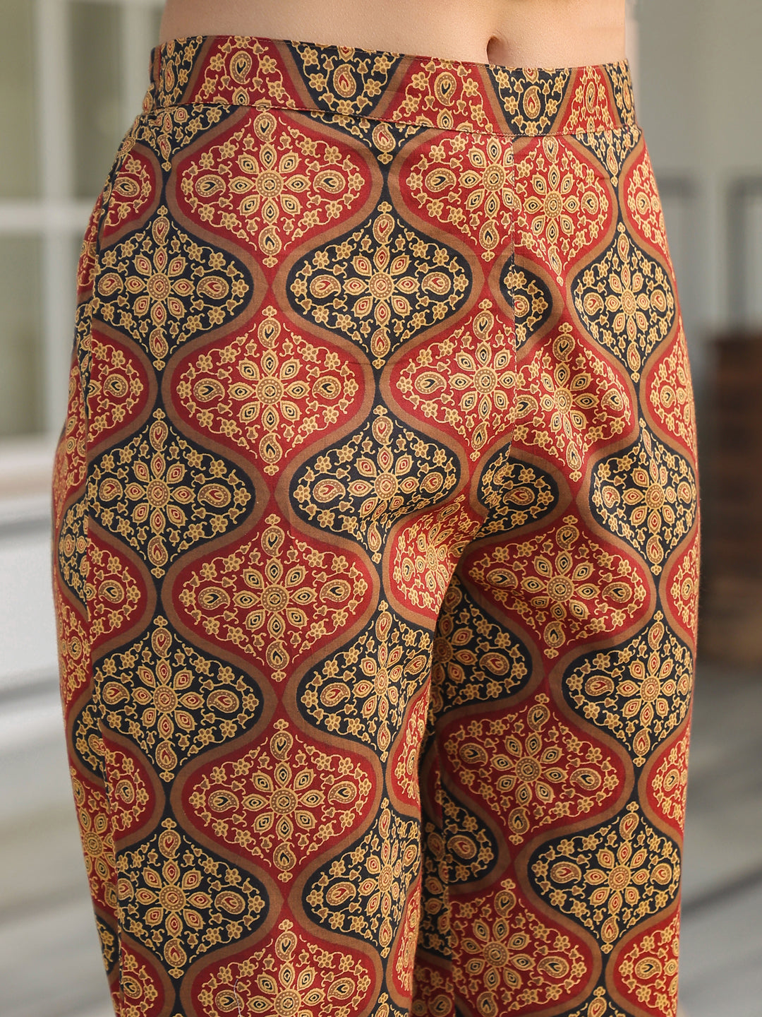 Janasya Dark Cotton Ethnic Motifs A-Line Kurta Set 