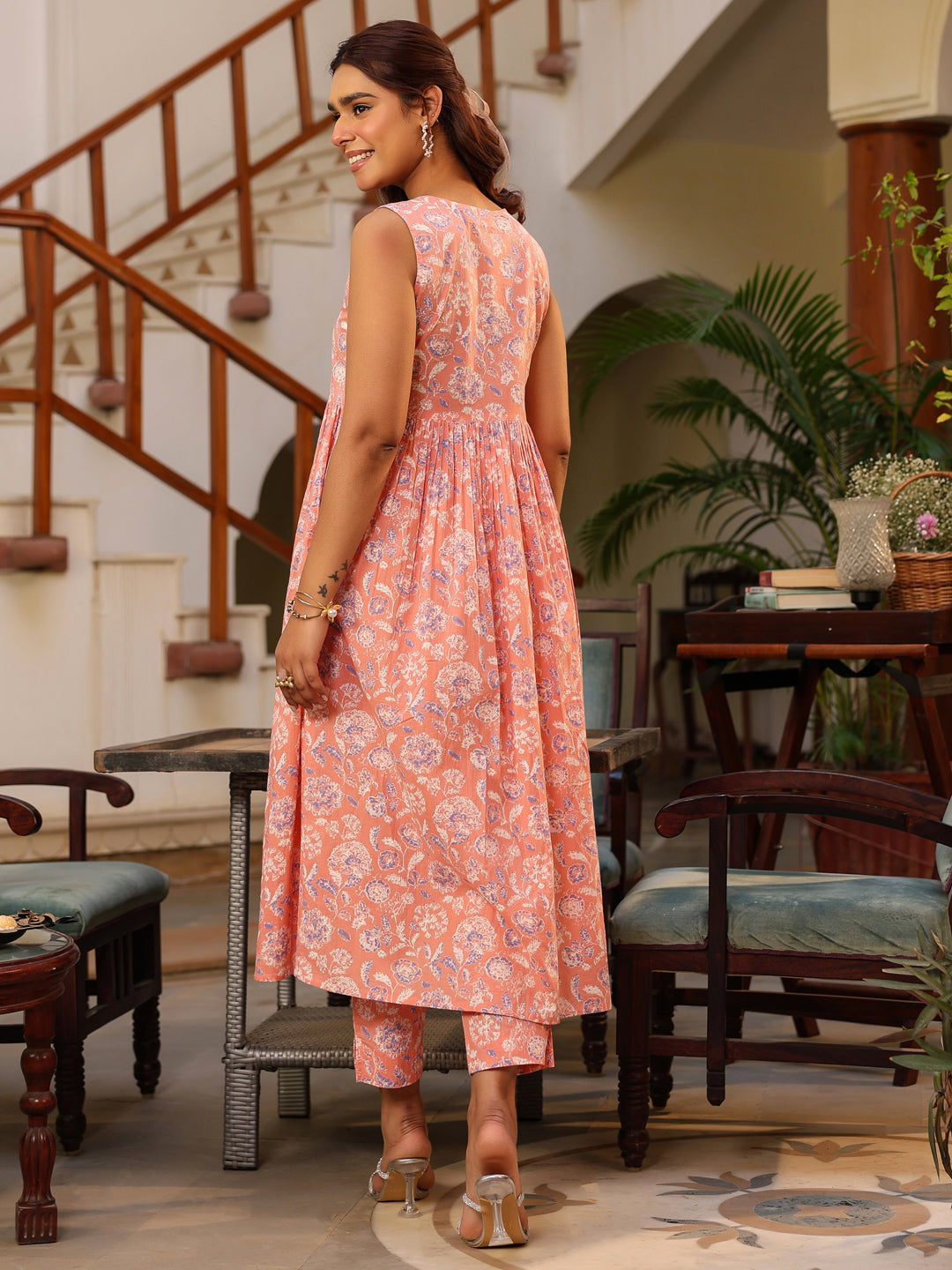 Janasya Light Cotton Floral A-Line Kurta Set 