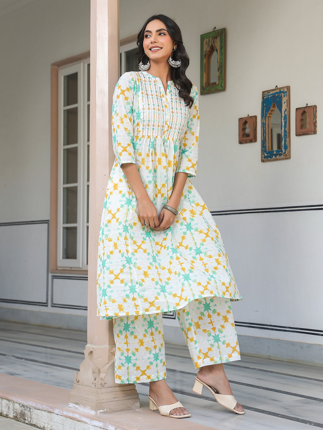Janasya Light Cotton Abstract A-Line Kurta Set 
