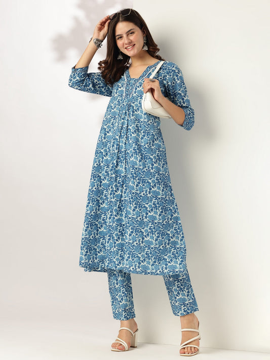 Janasya Dark Cotton Floral A-Line Kurta Set 