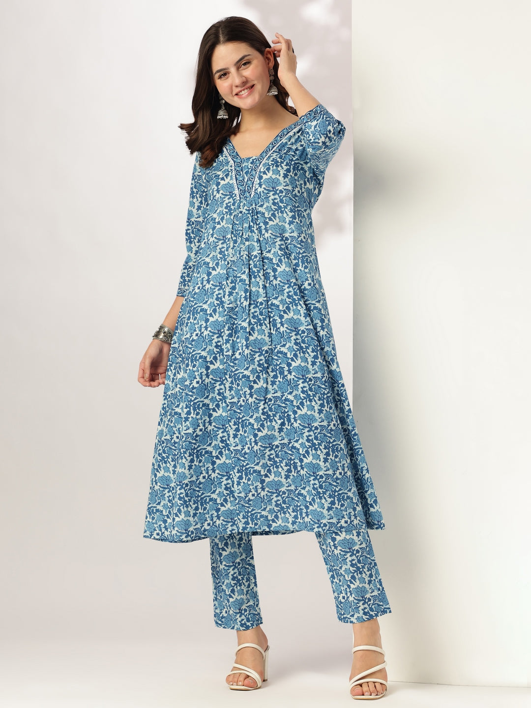 Janasya Dark Cotton Floral A-Line Kurta Set 