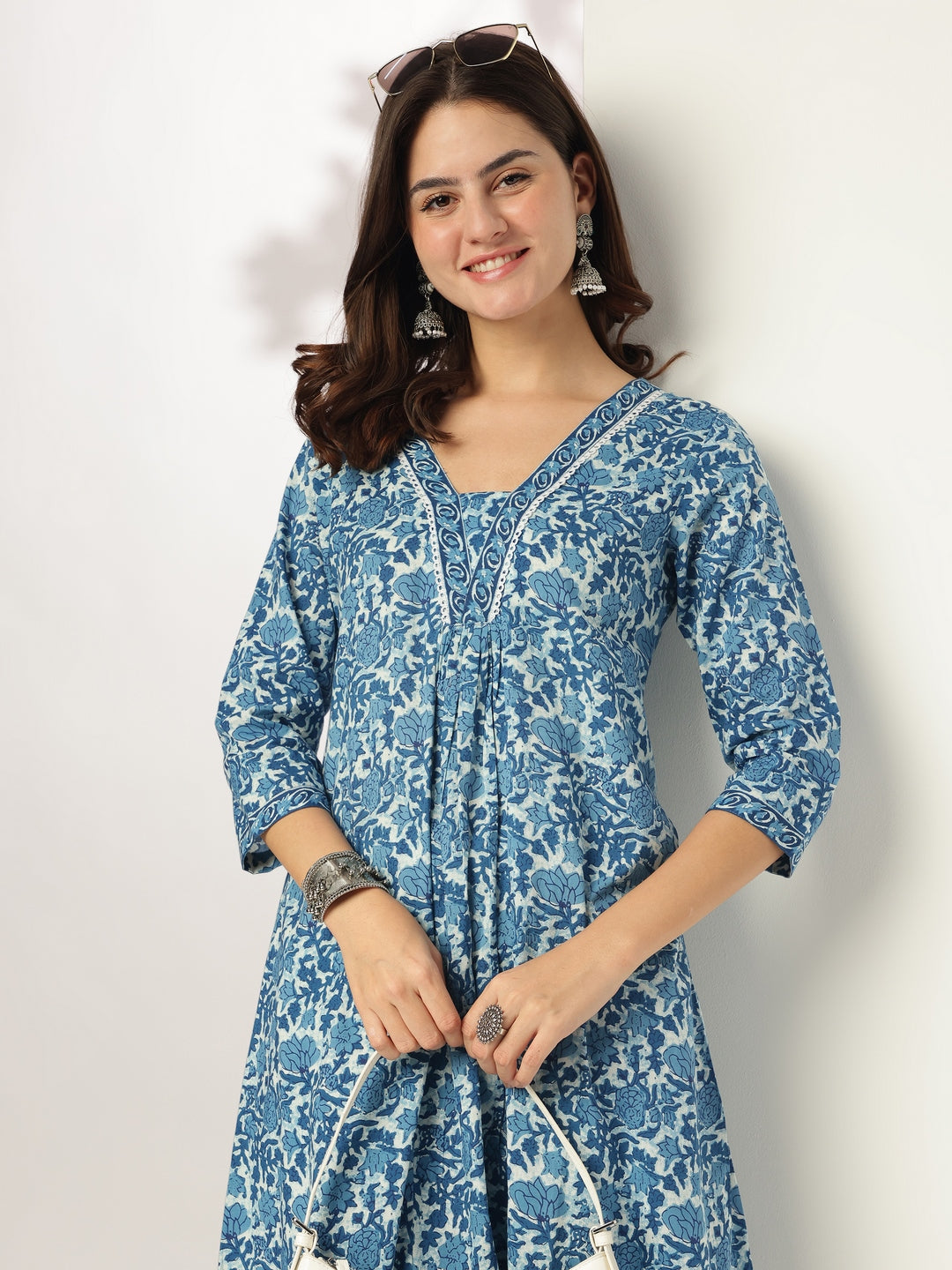 Janasya Dark Cotton Floral A-Line Kurta Set 