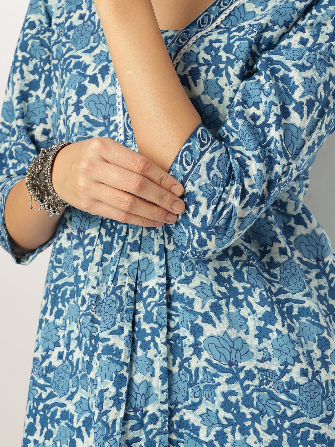Janasya Dark Cotton Floral A-Line Kurta Set 