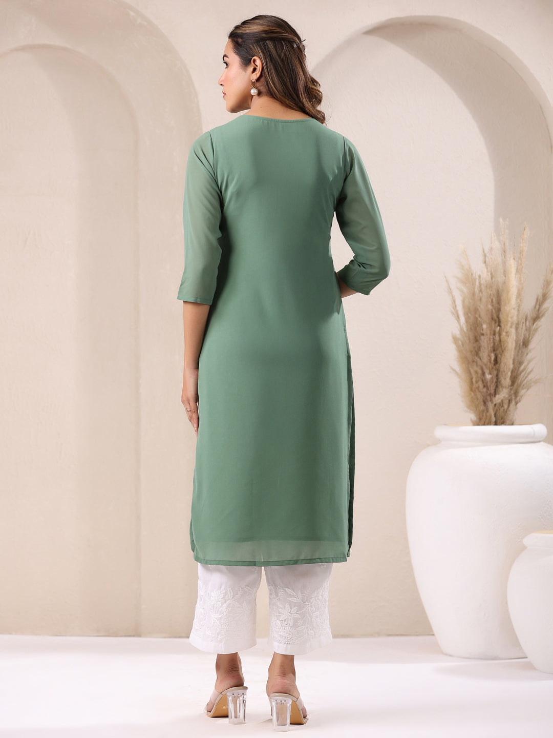 Janasya Dark Georgette Embroidered Straight Kurta | Grab2Buy