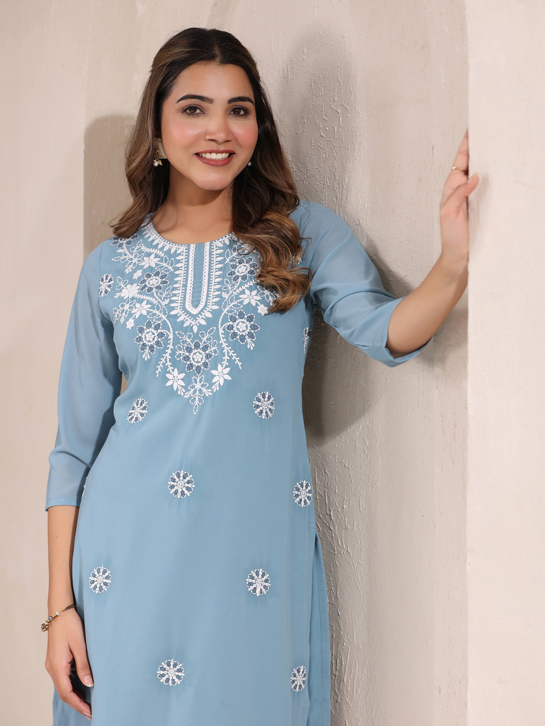 Janasya Bright Georgette Embroidered Straight Kurta 