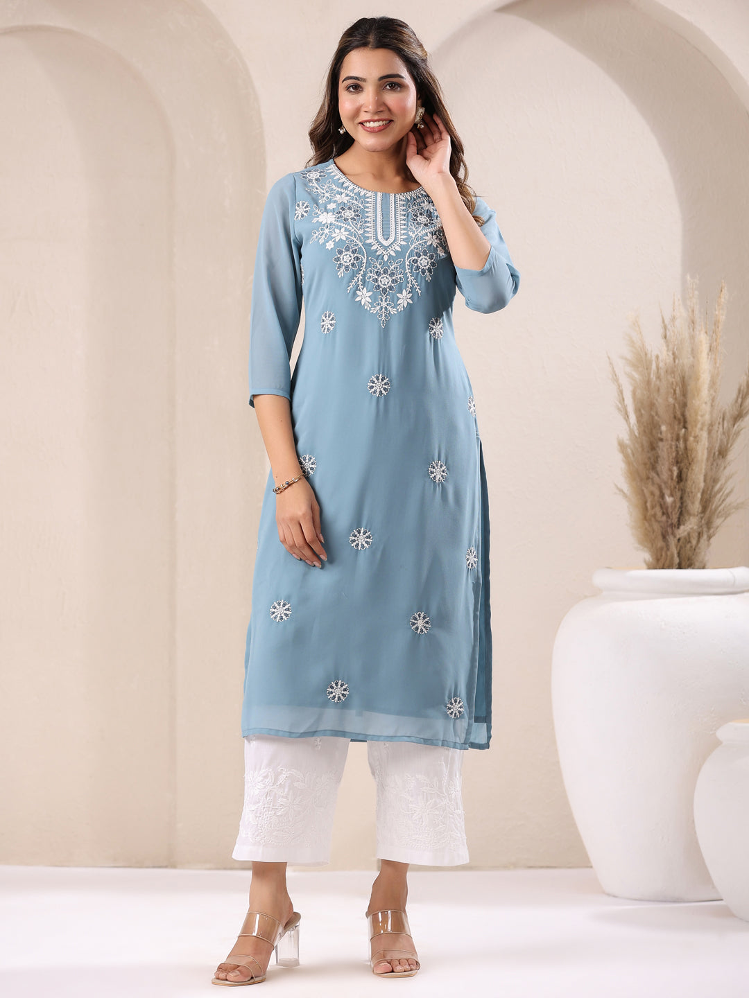 Janasya Bright Georgette Embroidered Straight Kurta 