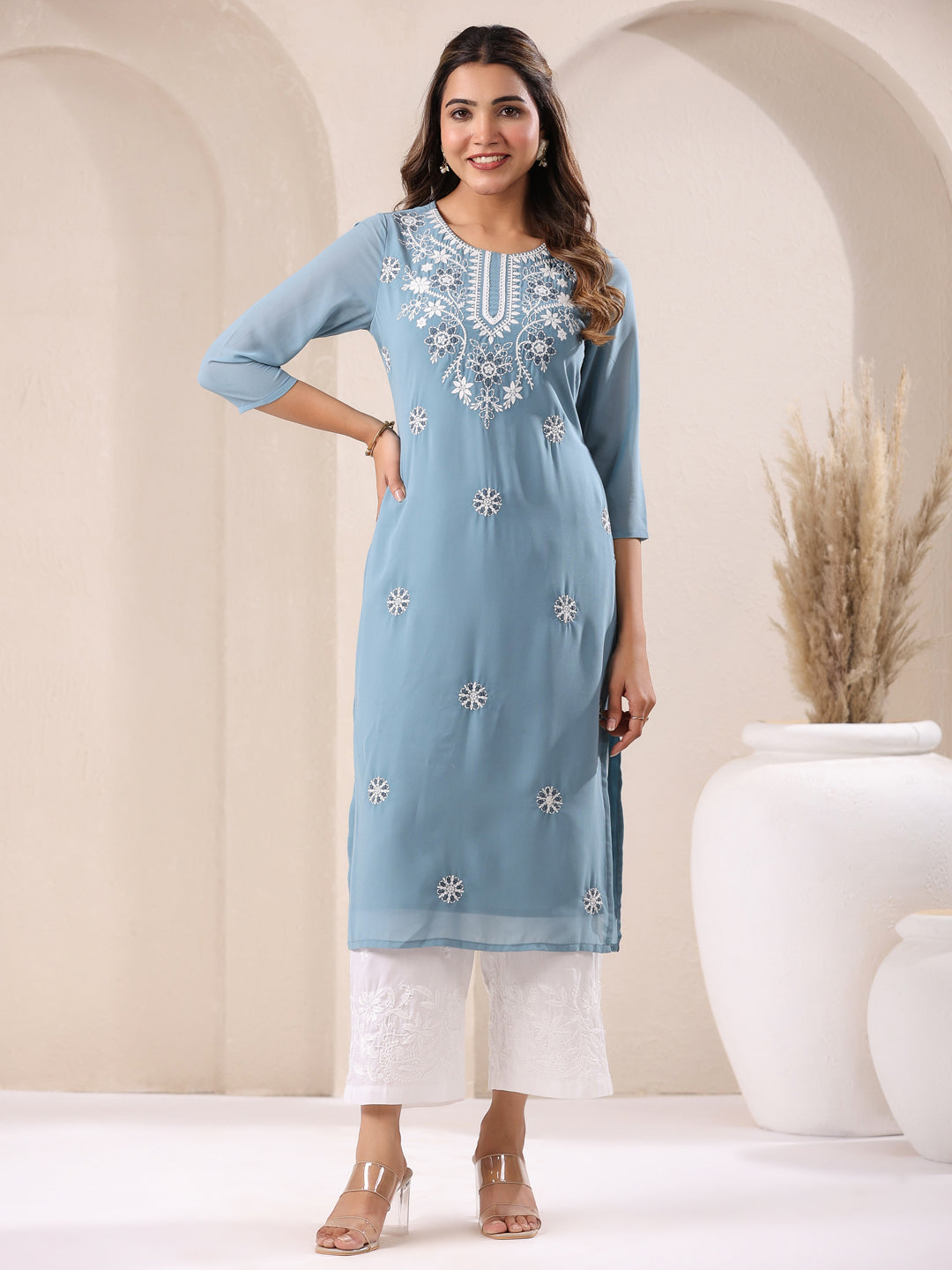 Janasya Bright Georgette Embroidered Straight Kurta 