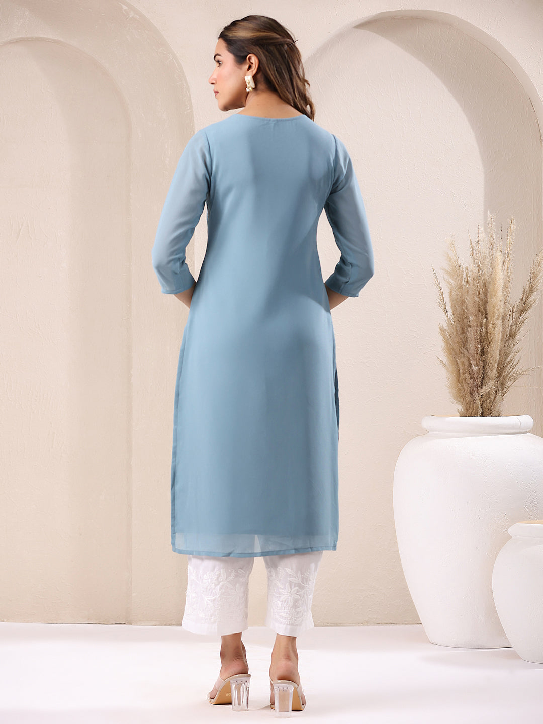 Janasya Bright Georgette Embroidered Straight Kurta 