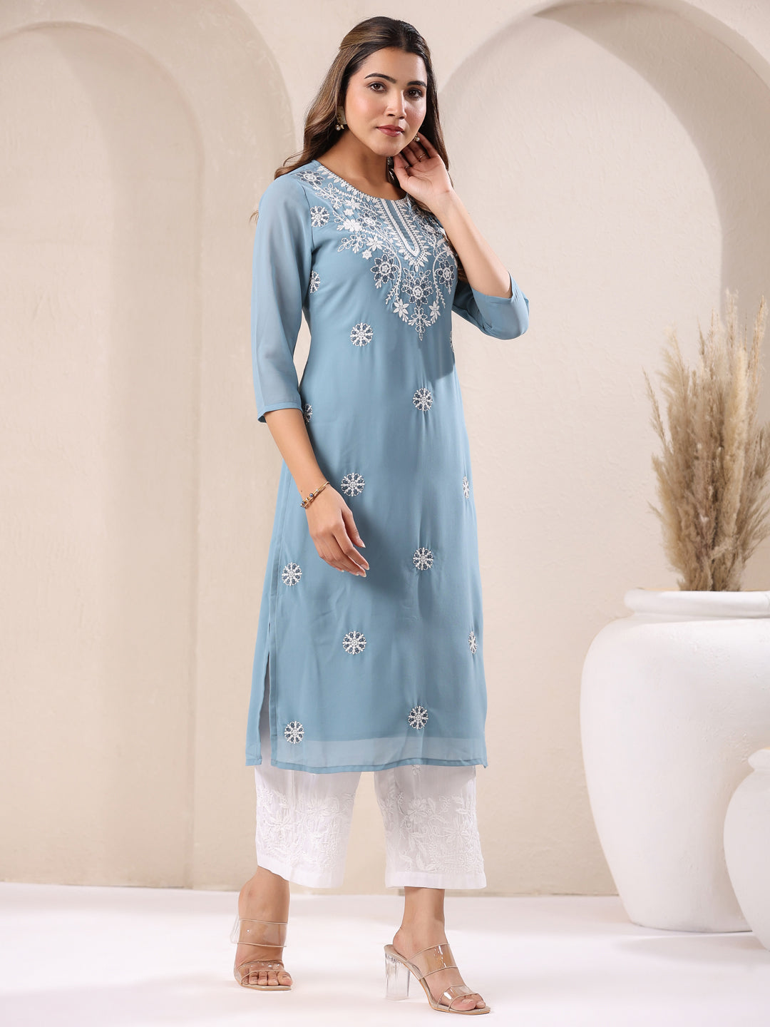 Janasya Bright Georgette Embroidered Straight Kurta 