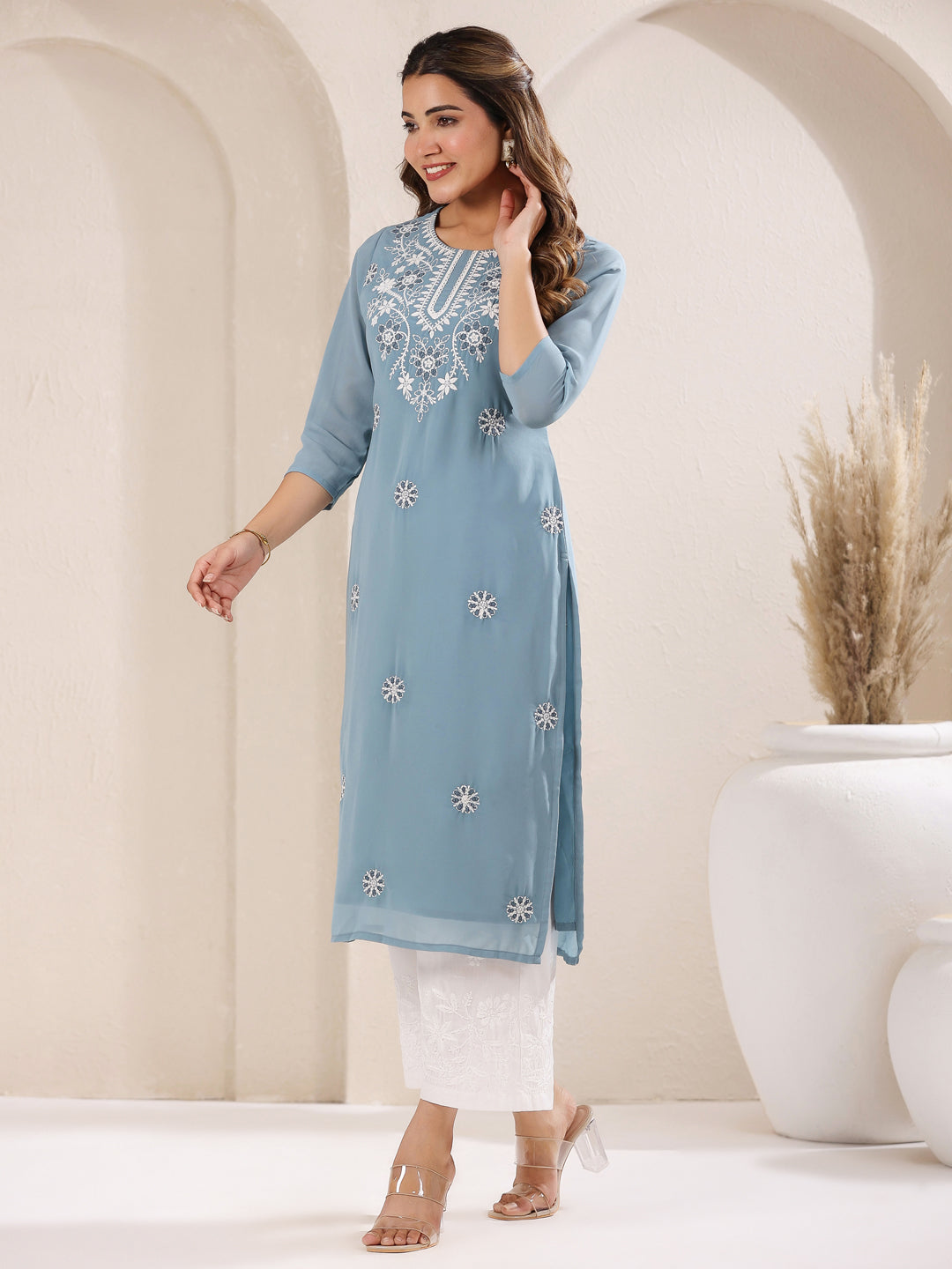 Janasya Bright Georgette Embroidered Straight Kurta 