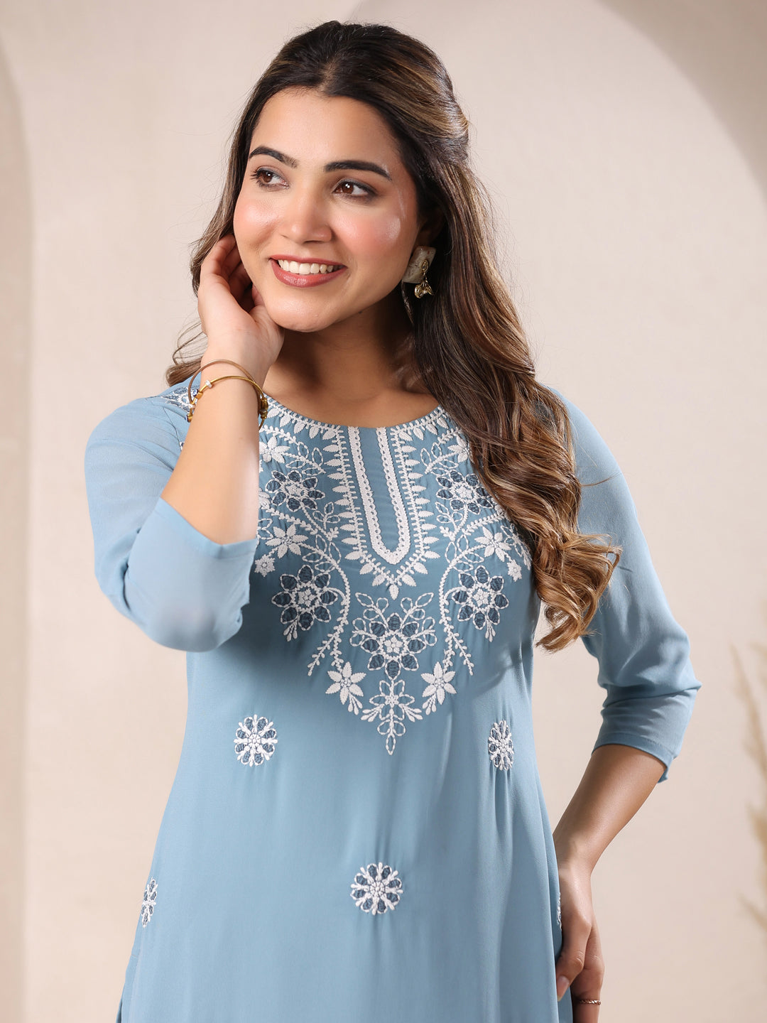 Janasya Bright Georgette Embroidered Straight Kurta 