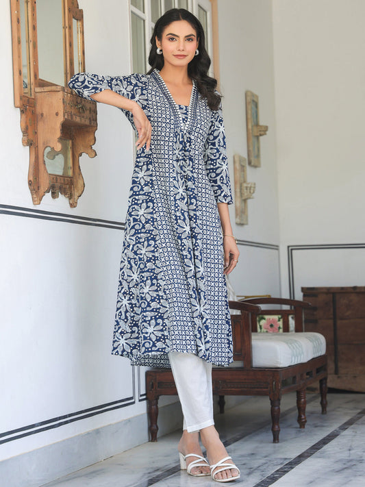Janasya Dark Cotton Yoke Embroidery A-Line Kurta 