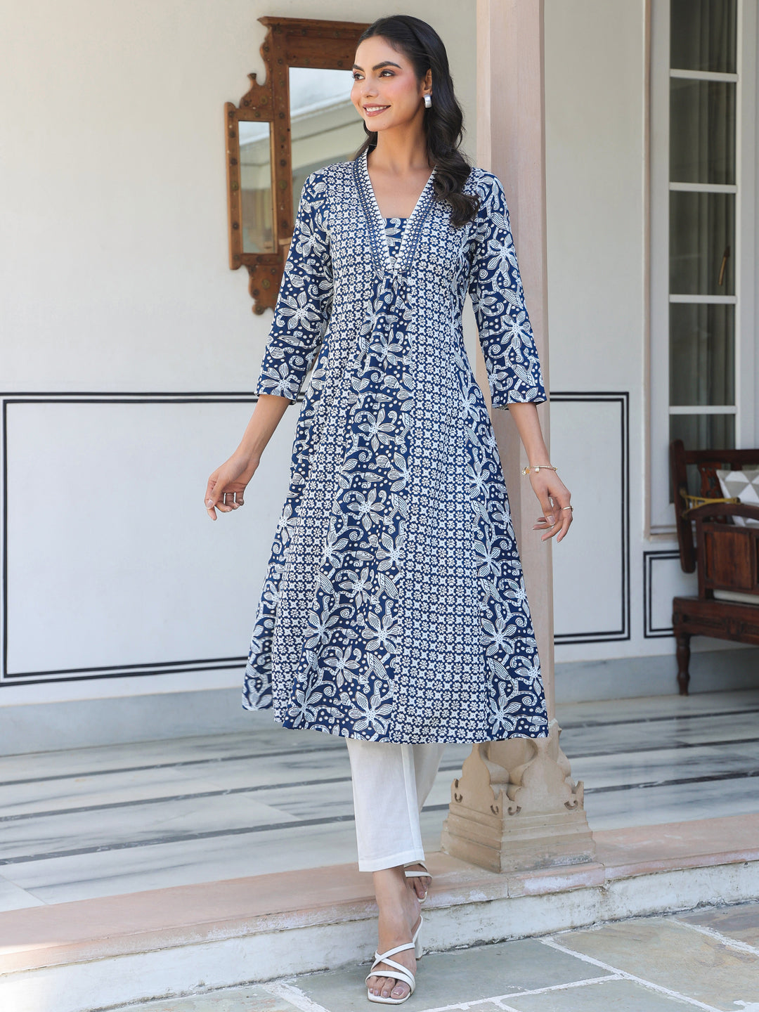 Janasya Dark Cotton Yoke Embroidery A-Line Kurta 