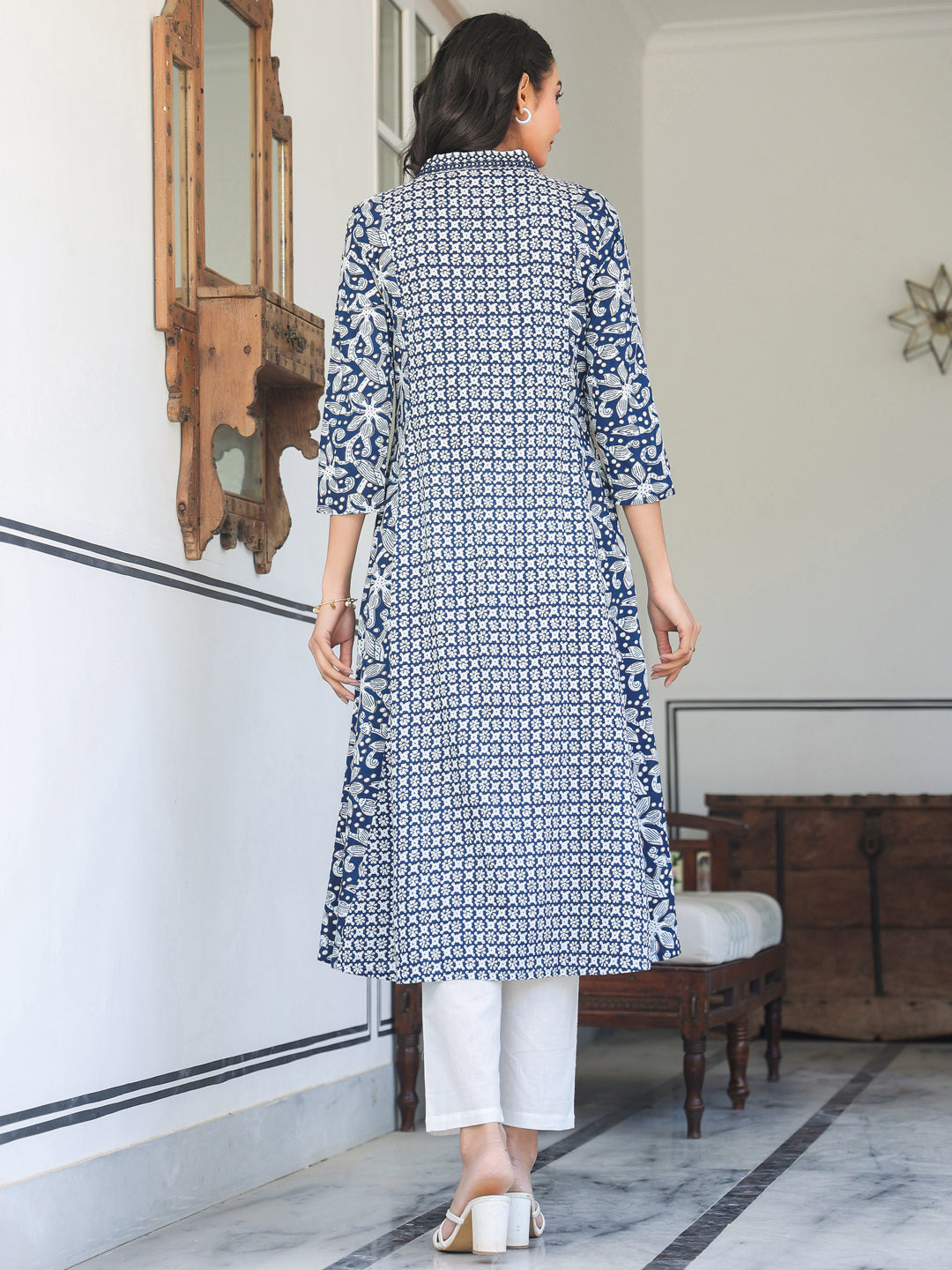 Janasya Dark Cotton Yoke Embroidery A-Line Kurta 