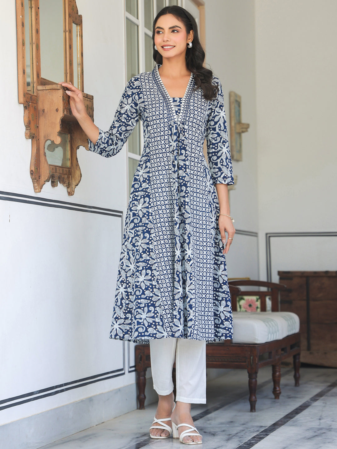 Janasya Dark Cotton Yoke Embroidery A-Line Kurta 