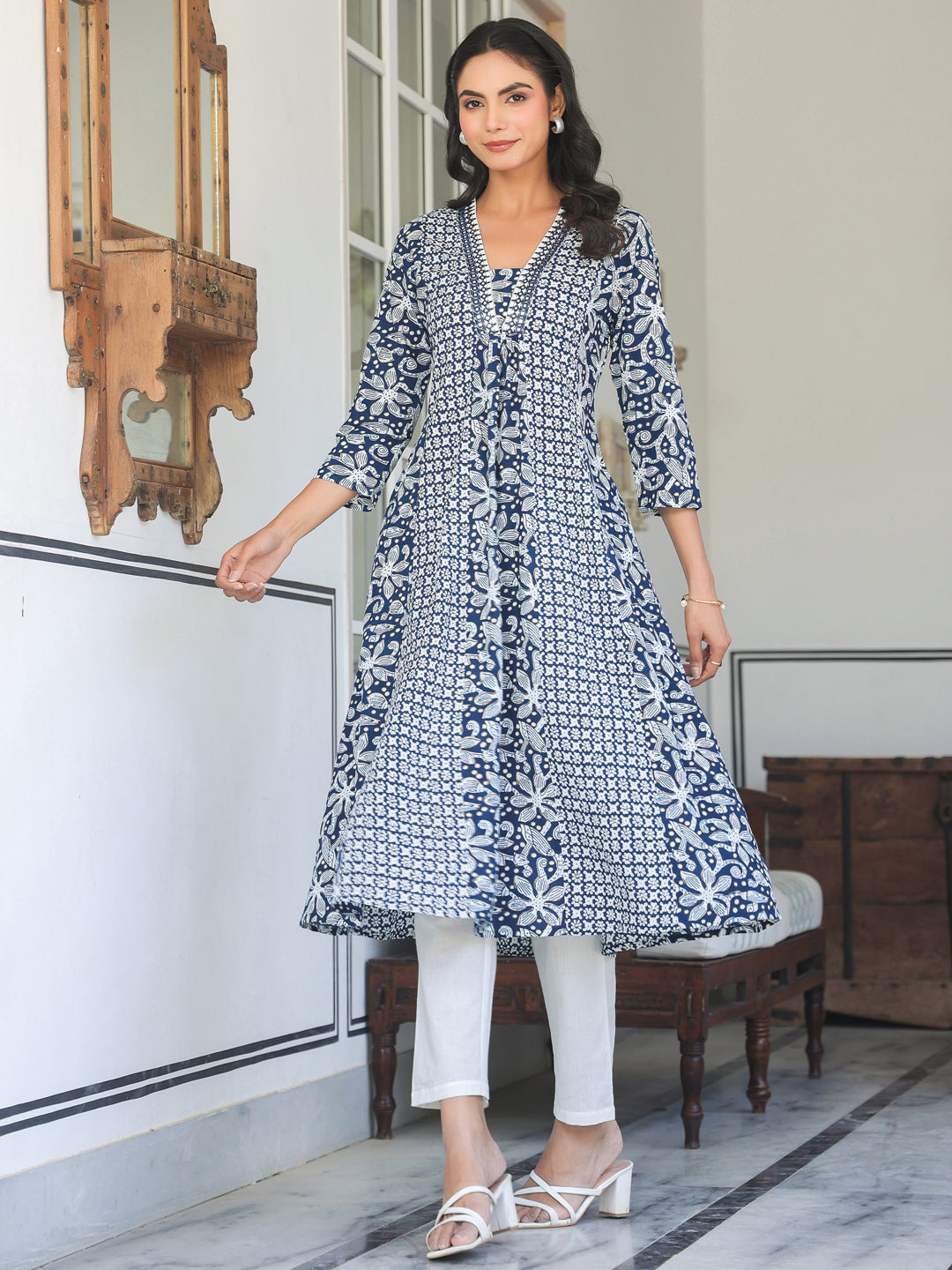 Janasya Dark Cotton Yoke Embroidery A-Line Kurta 