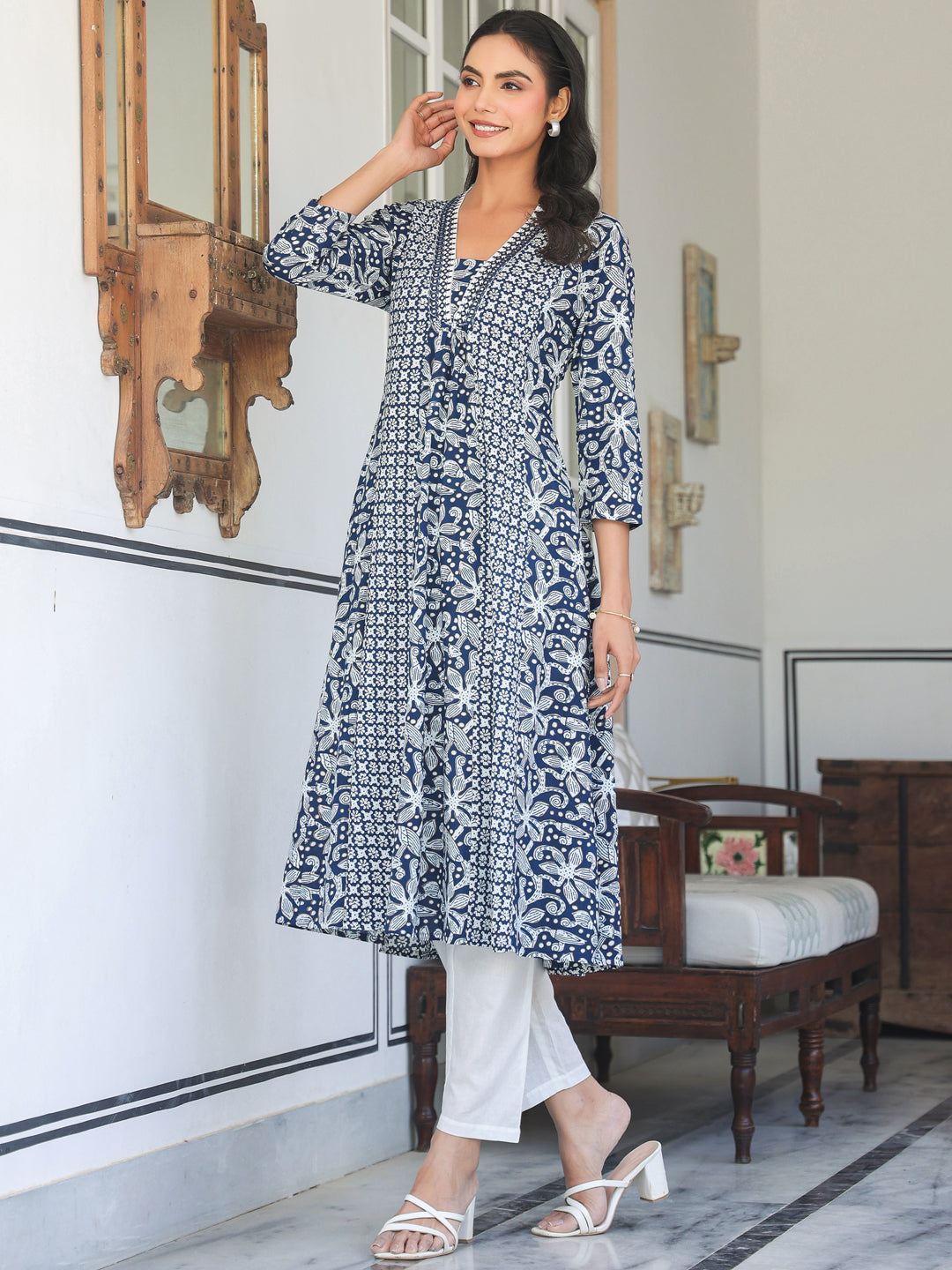 Janasya Dark Cotton Yoke Embroidery A-Line Kurta 